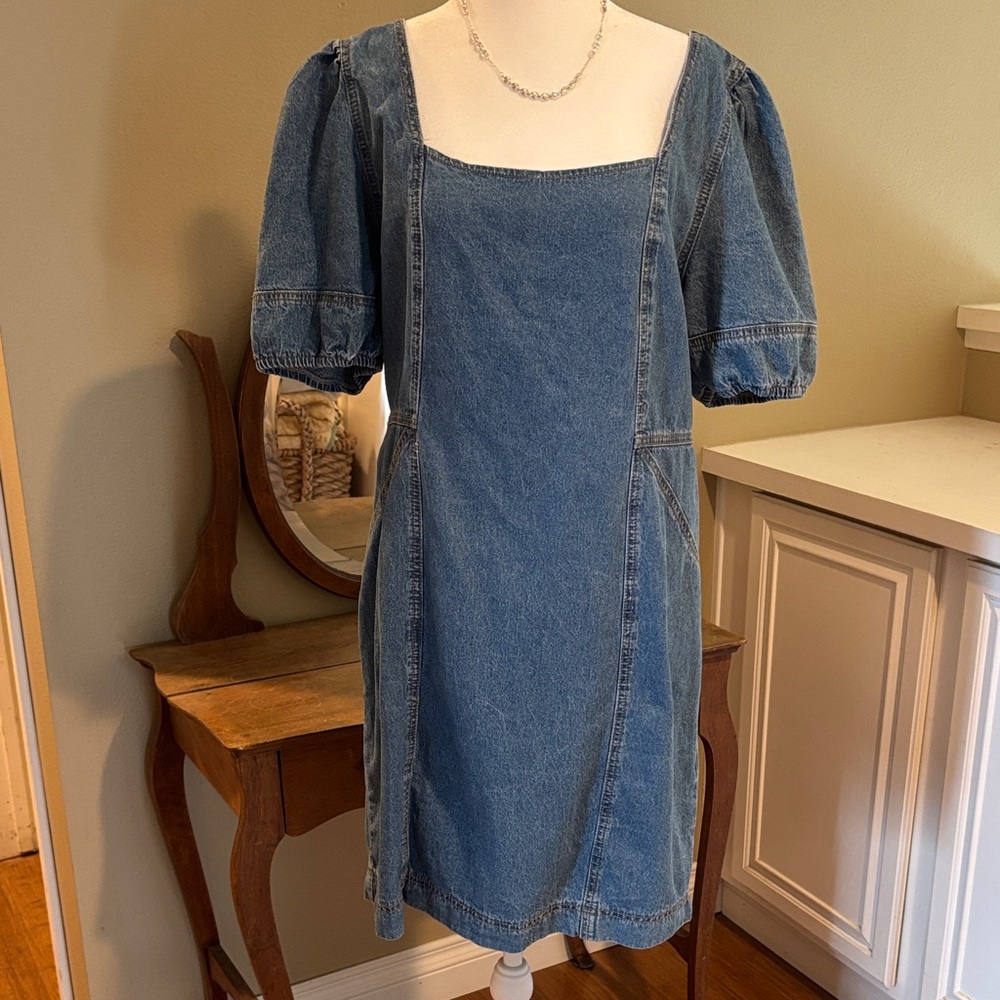 Joie Blue Denim Mini Dress with Puff Sleeves Size XL